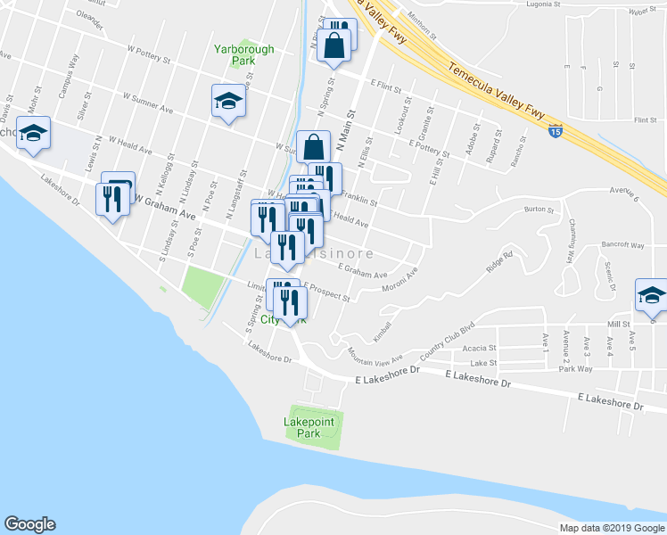 map of restaurants, bars, coffee shops, grocery stores, and more near in Lake Elsinore