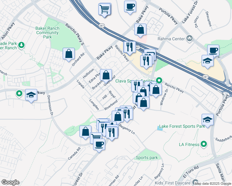 map of restaurants, bars, coffee shops, grocery stores, and more near Serrano Creek Trail in Lake Forest