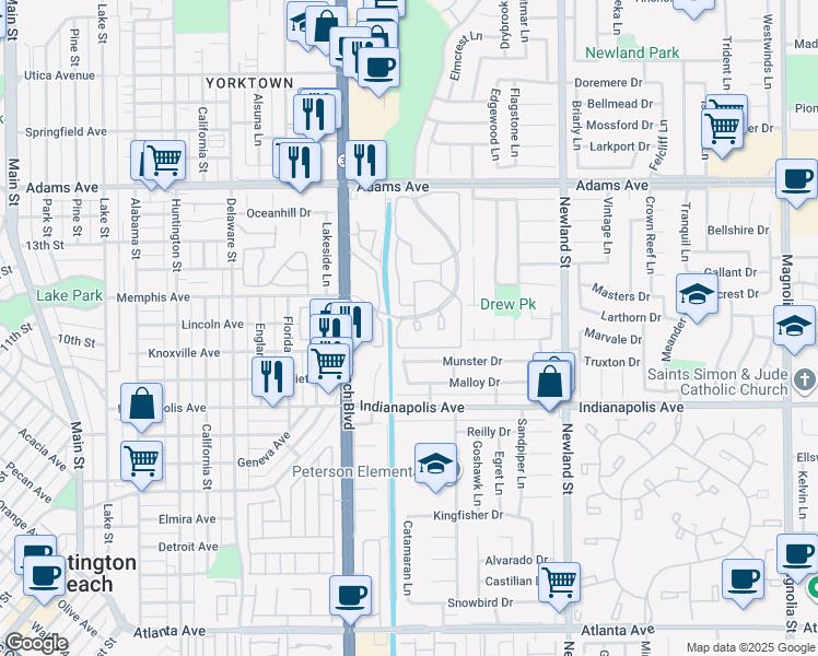 map of restaurants, bars, coffee shops, grocery stores, and more near 20322 Portview Circle in Huntington Beach