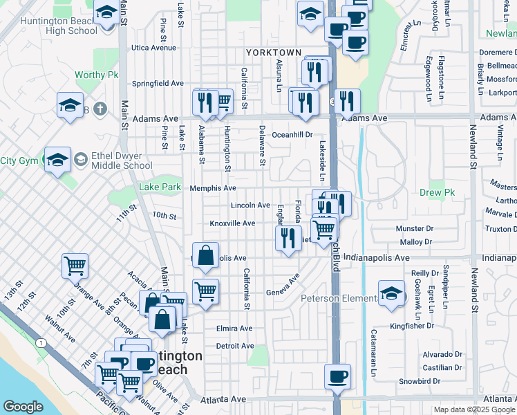 map of restaurants, bars, coffee shops, grocery stores, and more near 1119 Delaware Street in Huntington Beach