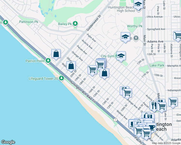 map of restaurants, bars, coffee shops, grocery stores, and more near 314 18th Street in Huntington Beach
