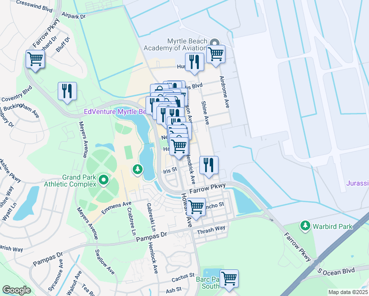 map of restaurants, bars, coffee shops, grocery stores, and more near 3050 Howard Avenue in Myrtle Beach