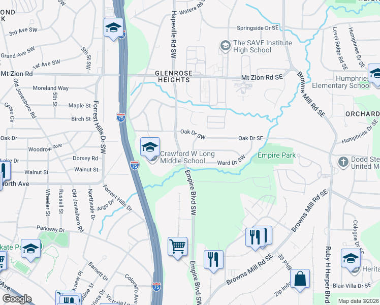map of restaurants, bars, coffee shops, grocery stores, and more near 71 Ruzelle Drive Southeast in Atlanta