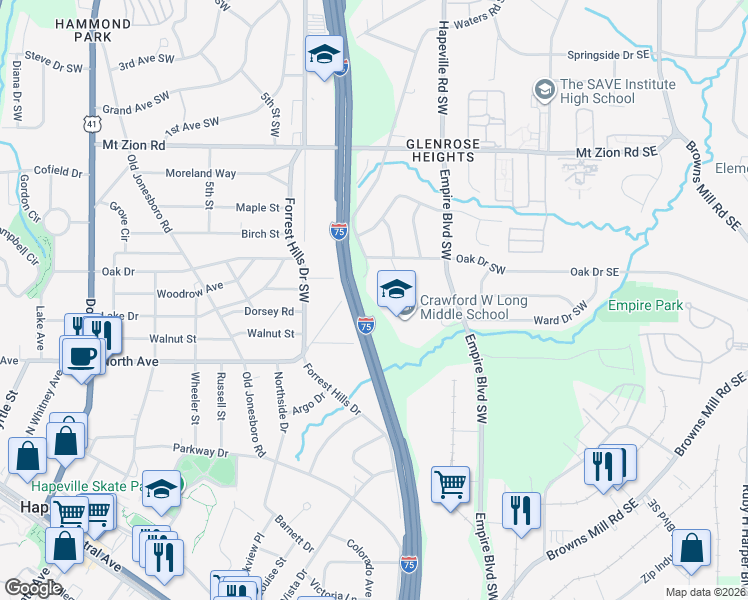 map of restaurants, bars, coffee shops, grocery stores, and more near 190 Wallace Drive Southwest in Atlanta