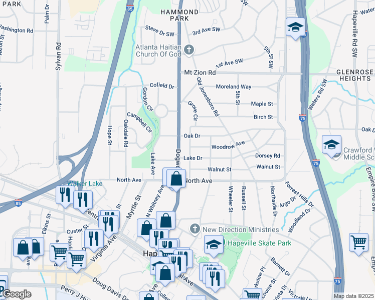 map of restaurants, bars, coffee shops, grocery stores, and more near in Hapeville