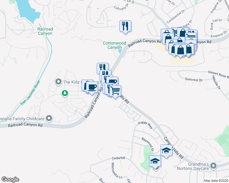 map of restaurants, bars, coffee shops, grocery stores, and more near 2601 Canyon Hills Road in Lake Elsinore