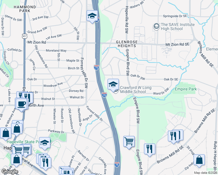 map of restaurants, bars, coffee shops, grocery stores, and more near 190 Wallace Drive Southwest in Atlanta