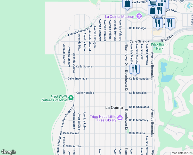 map of restaurants, bars, coffee shops, grocery stores, and more near 52450 Avenue Obregon in La Quinta
