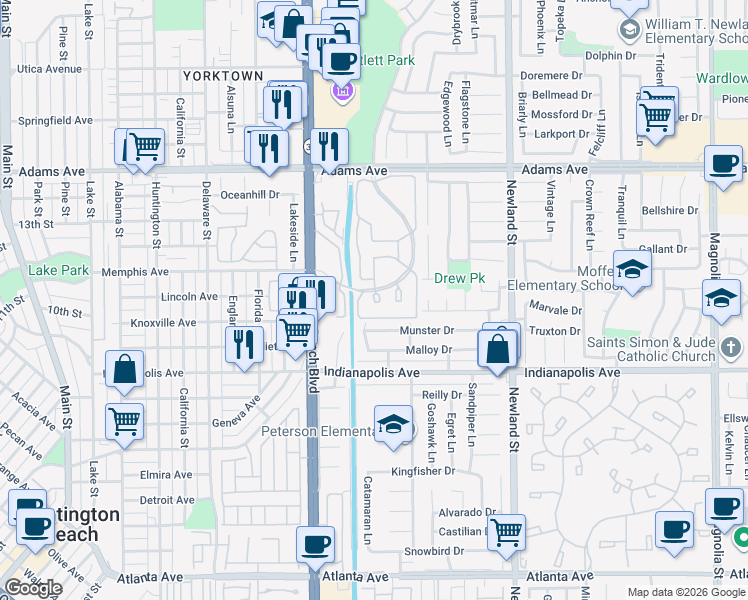 map of restaurants, bars, coffee shops, grocery stores, and more near 20322 Portview Circle in Huntington Beach