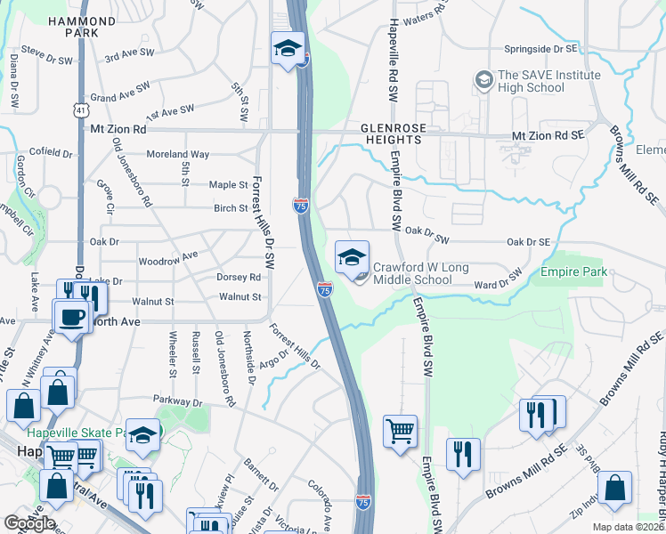 map of restaurants, bars, coffee shops, grocery stores, and more near 190 Wallace Drive Southwest in Atlanta