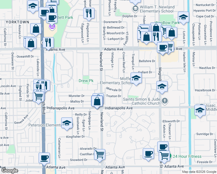 map of restaurants, bars, coffee shops, grocery stores, and more near 8561 Marvale Drive in Huntington Beach