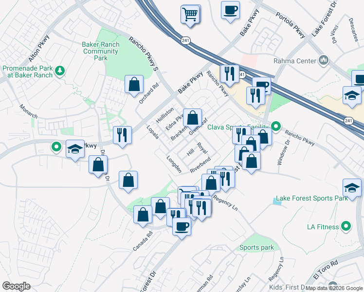 map of restaurants, bars, coffee shops, grocery stores, and more near 141 Evergreen Way in Lake Forest