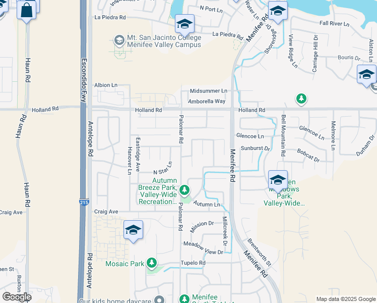 map of restaurants, bars, coffee shops, grocery stores, and more near 31219 Mystic Lane in Menifee