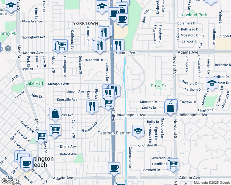 map of restaurants, bars, coffee shops, grocery stores, and more near 20341 Bluffside Circle in Huntington Beach