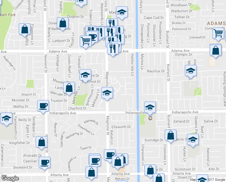 map of restaurants, bars, coffee shops, grocery stores, and more near 20330 Flora Lane in Huntington Beach