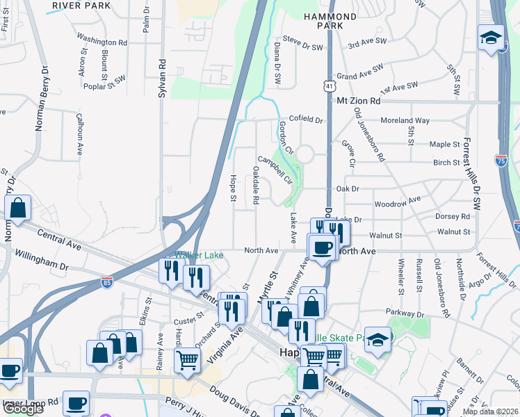 map of restaurants, bars, coffee shops, grocery stores, and more near 3194 Oakdale Road in Atlanta