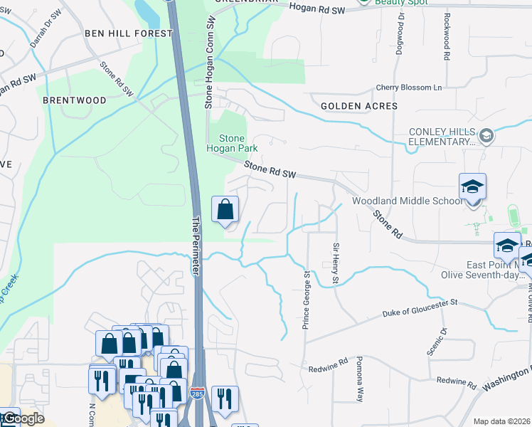 map of restaurants, bars, coffee shops, grocery stores, and more near 3154 Meadowstone Lane Southwest in Atlanta