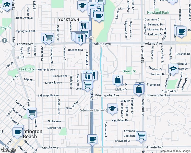 map of restaurants, bars, coffee shops, grocery stores, and more near 20331 Bluffside Circle in Huntington Beach