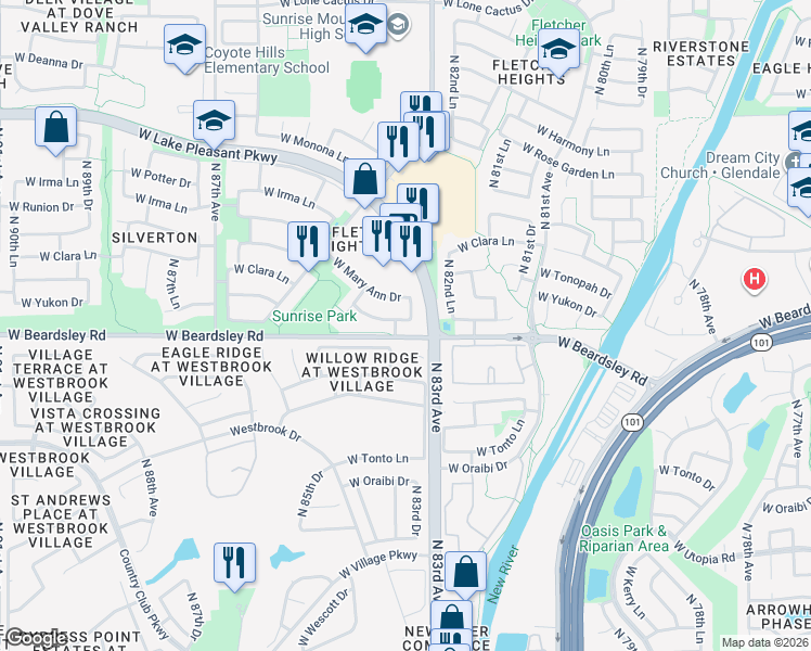 map of restaurants, bars, coffee shops, grocery stores, and more near 8337 West Pontiac Drive in Peoria