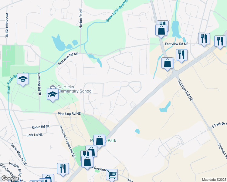 map of restaurants, bars, coffee shops, grocery stores, and more near 1057 Wedgewood Court Northeast in Conyers