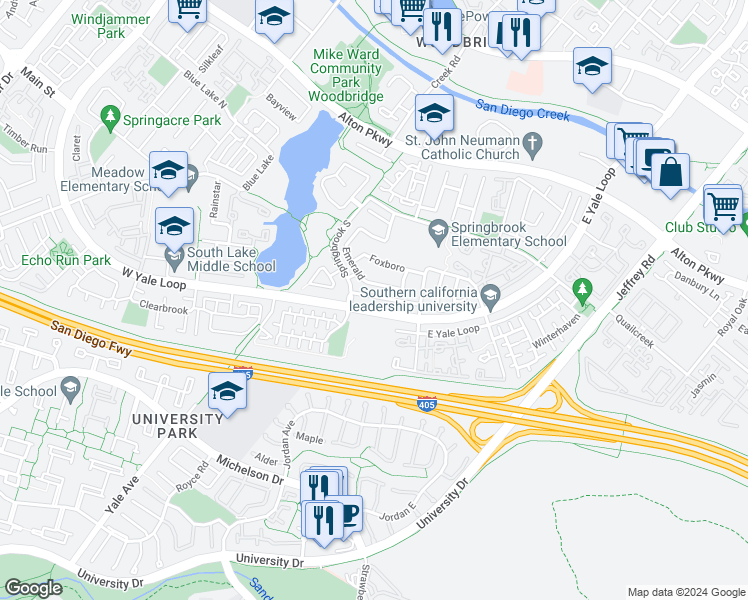 map of restaurants, bars, coffee shops, grocery stores, and more near 498 East Yale Loop in Irvine