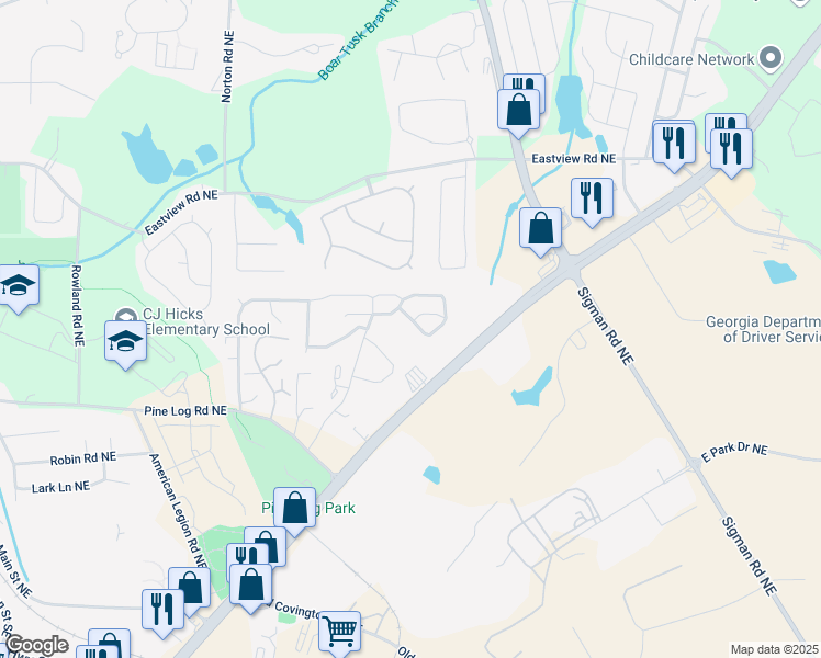 map of restaurants, bars, coffee shops, grocery stores, and more near 2111 Belmont Circle Northeast in Conyers