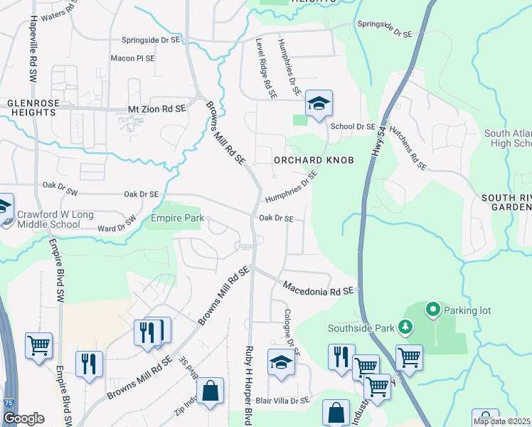 map of restaurants, bars, coffee shops, grocery stores, and more near 430 Oak Drive Southeast in Atlanta