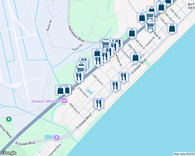 map of restaurants, bars, coffee shops, grocery stores, and more near 2502 Clearwater Street in Myrtle Beach