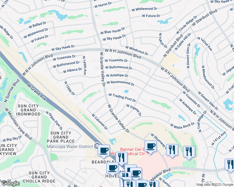 map of restaurants, bars, coffee shops, grocery stores, and more near 14702 West Trading Post Drive in Sun City West