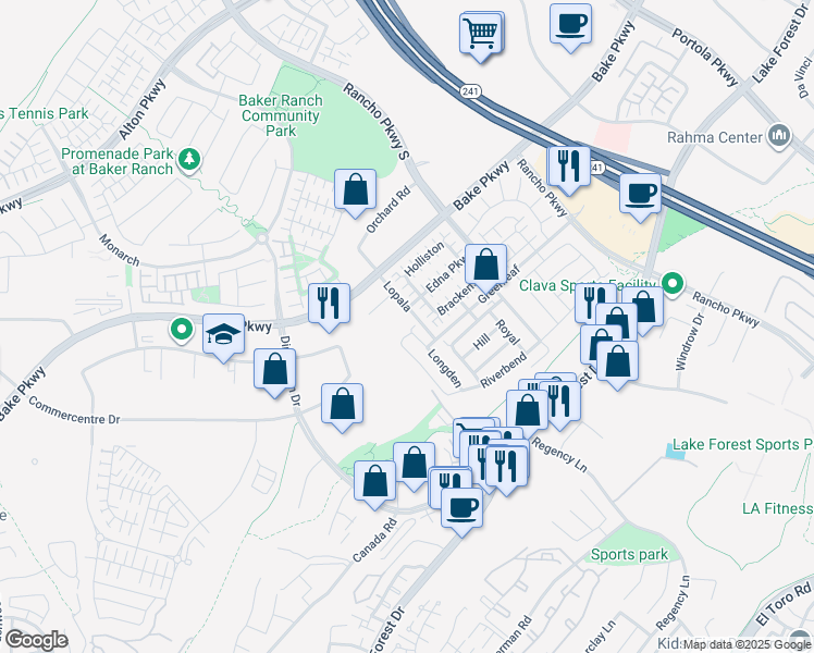 map of restaurants, bars, coffee shops, grocery stores, and more near 181 Hollyleaf in Lake Forest