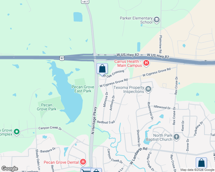 map of restaurants, bars, coffee shops, grocery stores, and more near 3213 Mimosa Dr in Sherman