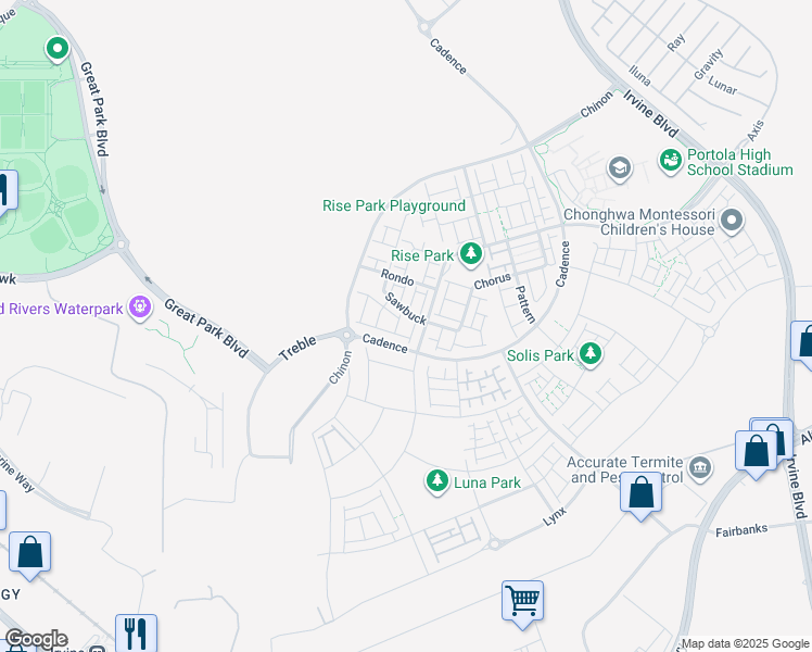 map of restaurants, bars, coffee shops, grocery stores, and more near 135 Sawbuck in Irvine