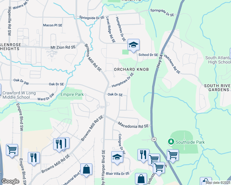 map of restaurants, bars, coffee shops, grocery stores, and more near 454 Oak Drive Southeast in Atlanta