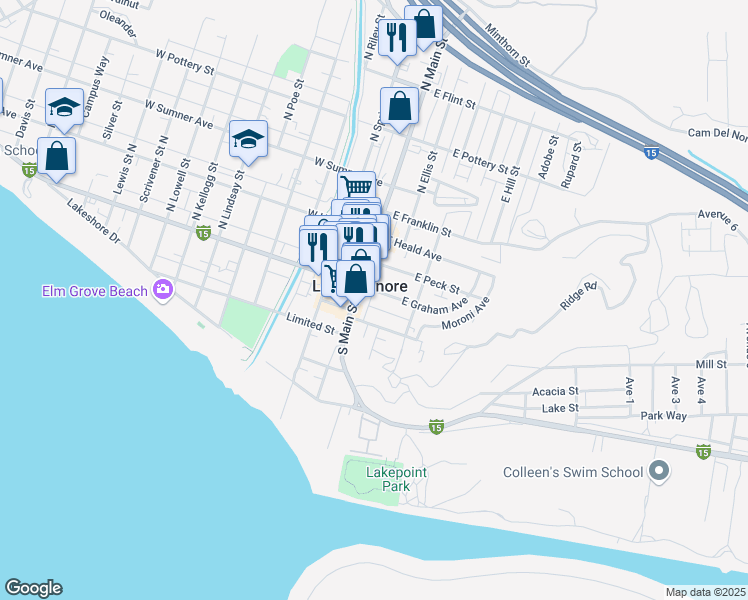 map of restaurants, bars, coffee shops, grocery stores, and more near 120 East Graham Avenue in Lake Elsinore