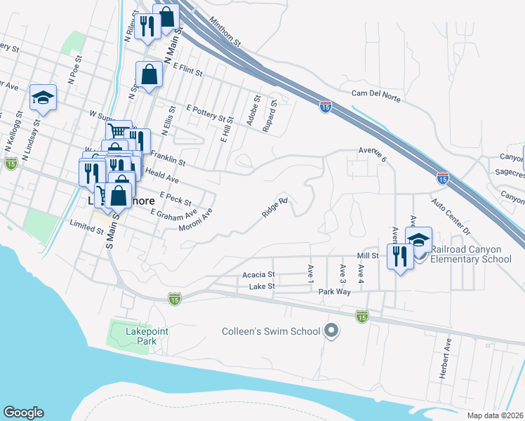 map of restaurants, bars, coffee shops, grocery stores, and more near Ridge Road in Lake Elsinore