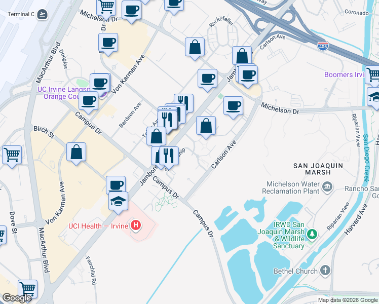 map of restaurants, bars, coffee shops, grocery stores, and more near 2100 Scholarship in Irvine