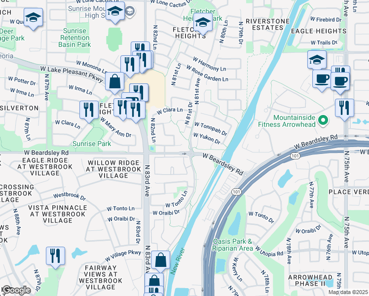 map of restaurants, bars, coffee shops, grocery stores, and more near 8153 West Pontiac Drive in Peoria