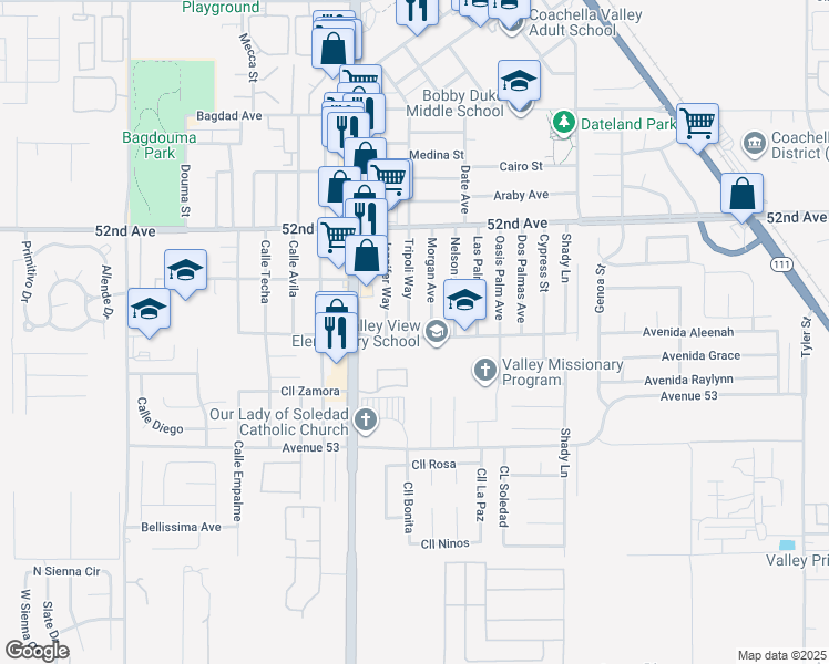 map of restaurants, bars, coffee shops, grocery stores, and more near 52462 Tripoli Way in Coachella