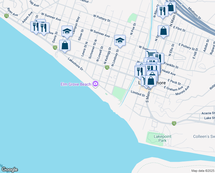 map of restaurants, bars, coffee shops, grocery stores, and more near 202 South Lindsay Street in Lake Elsinore