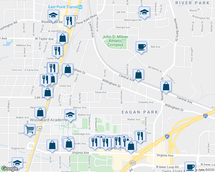 map of restaurants, bars, coffee shops, grocery stores, and more near 1454 Willingham Drive in East Point