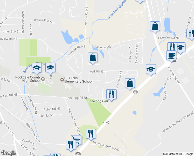 map of restaurants, bars, coffee shops, grocery stores, and more near 1469 Big Bear Cove Northeast in Conyers