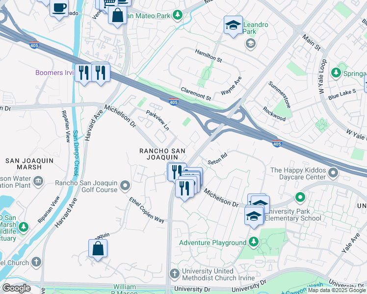 map of restaurants, bars, coffee shops, grocery stores, and more near 3900 Parkview Lane in Irvine