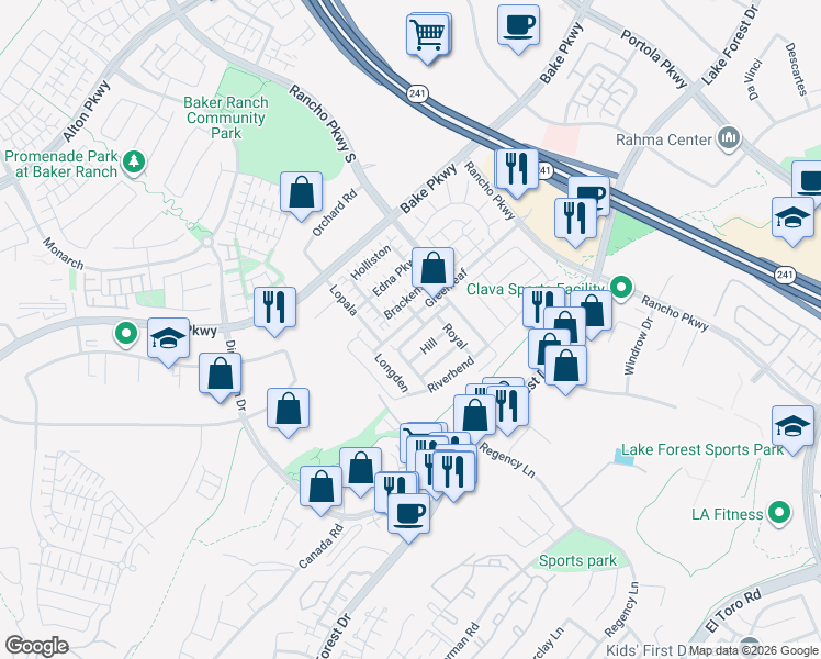 map of restaurants, bars, coffee shops, grocery stores, and more near 141 Evergreen Way in Lake Forest