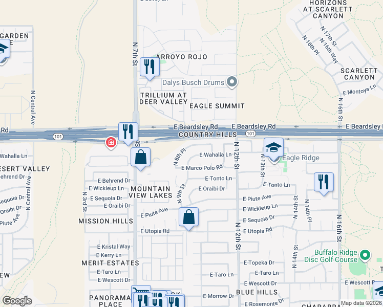 map of restaurants, bars, coffee shops, grocery stores, and more near 914 East Wahalla Lane in Phoenix