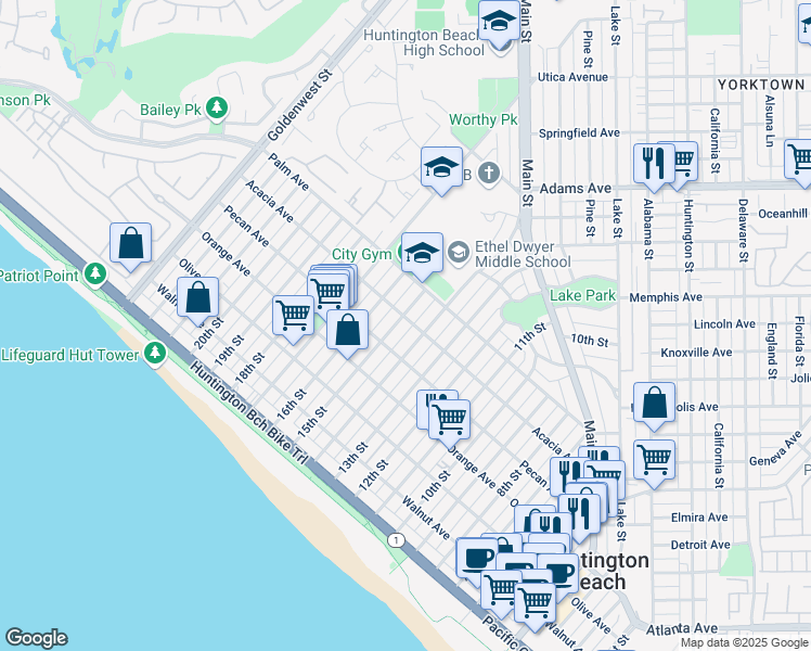 map of restaurants, bars, coffee shops, grocery stores, and more near 522 15th Street in Huntington Beach