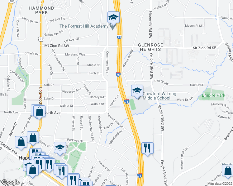 map of restaurants, bars, coffee shops, grocery stores, and more near 215 North Avenue in Hapeville