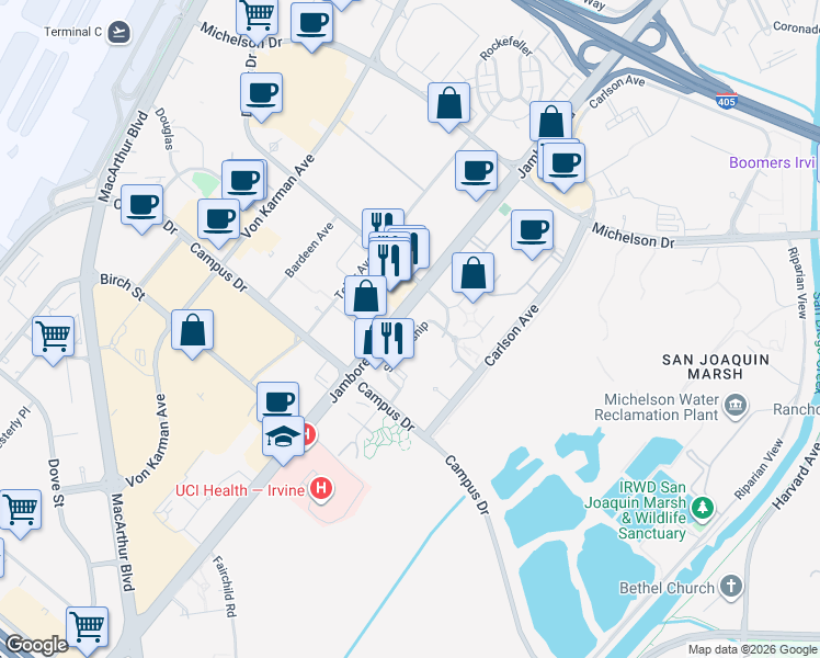 map of restaurants, bars, coffee shops, grocery stores, and more near 1320 Scholarship in Irvine