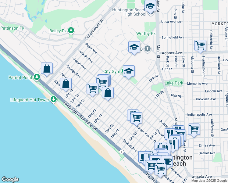 map of restaurants, bars, coffee shops, grocery stores, and more near 502 16th Street in Huntington Beach