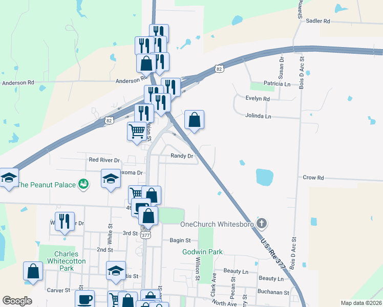 map of restaurants, bars, coffee shops, grocery stores, and more near 324 Charlie Drive in Whitesboro