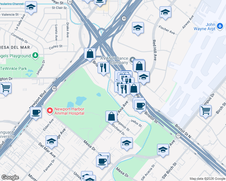 map of restaurants, bars, coffee shops, grocery stores, and more near 1330 Bristol Street in Costa Mesa